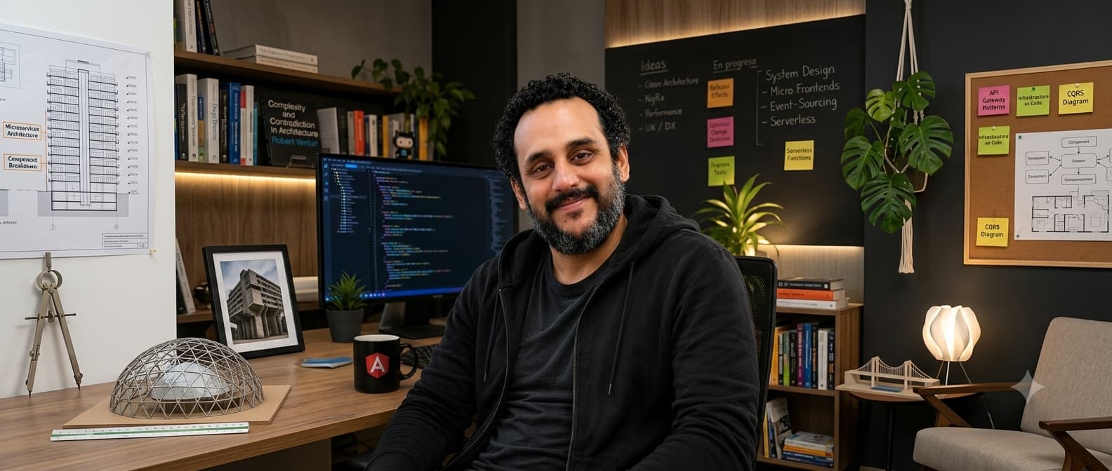 Marco Salas en un escritorio, entre planos de arquitectura y una pantalla con código Angular