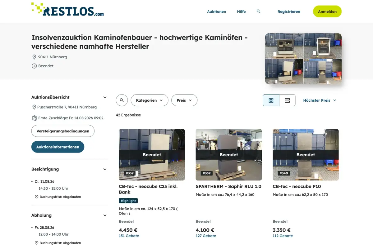 Una subasta terminada en la plataforma de RESTLOS, con lotes que recibieron bastante más de cien pujas cada uno