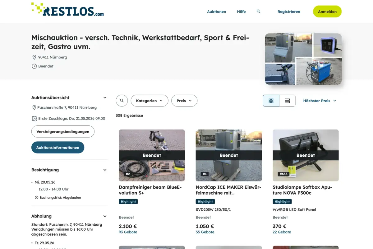 Una subasta en la plataforma de RESTLOS: el catálogo de lotes con precios y número de pujas, y al lado las fechas de visita y recojo